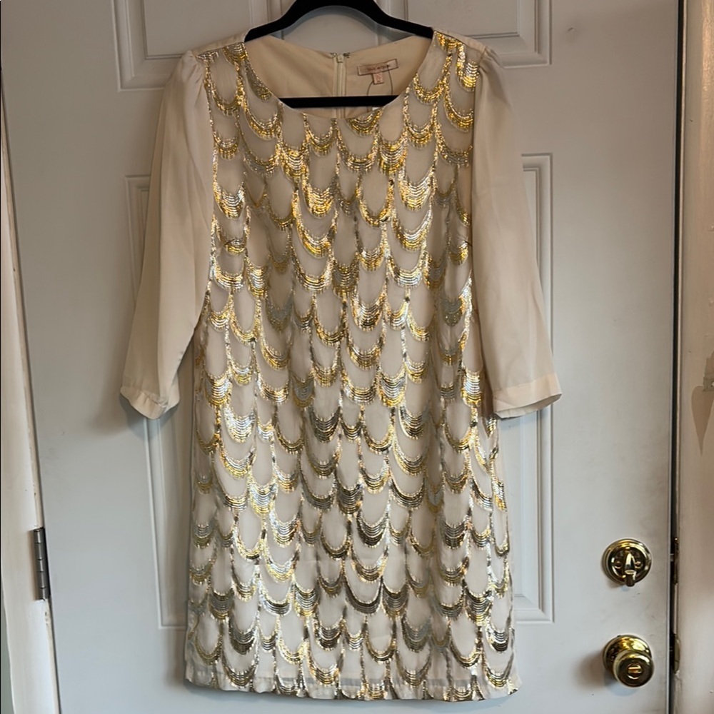 NWT Skies Are Blue Elegant Gold/Silver Ivory Dress, Size Medium